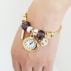 Watch Bracelet with dangle charms for Women. Purple. 14K Gold Plated. New